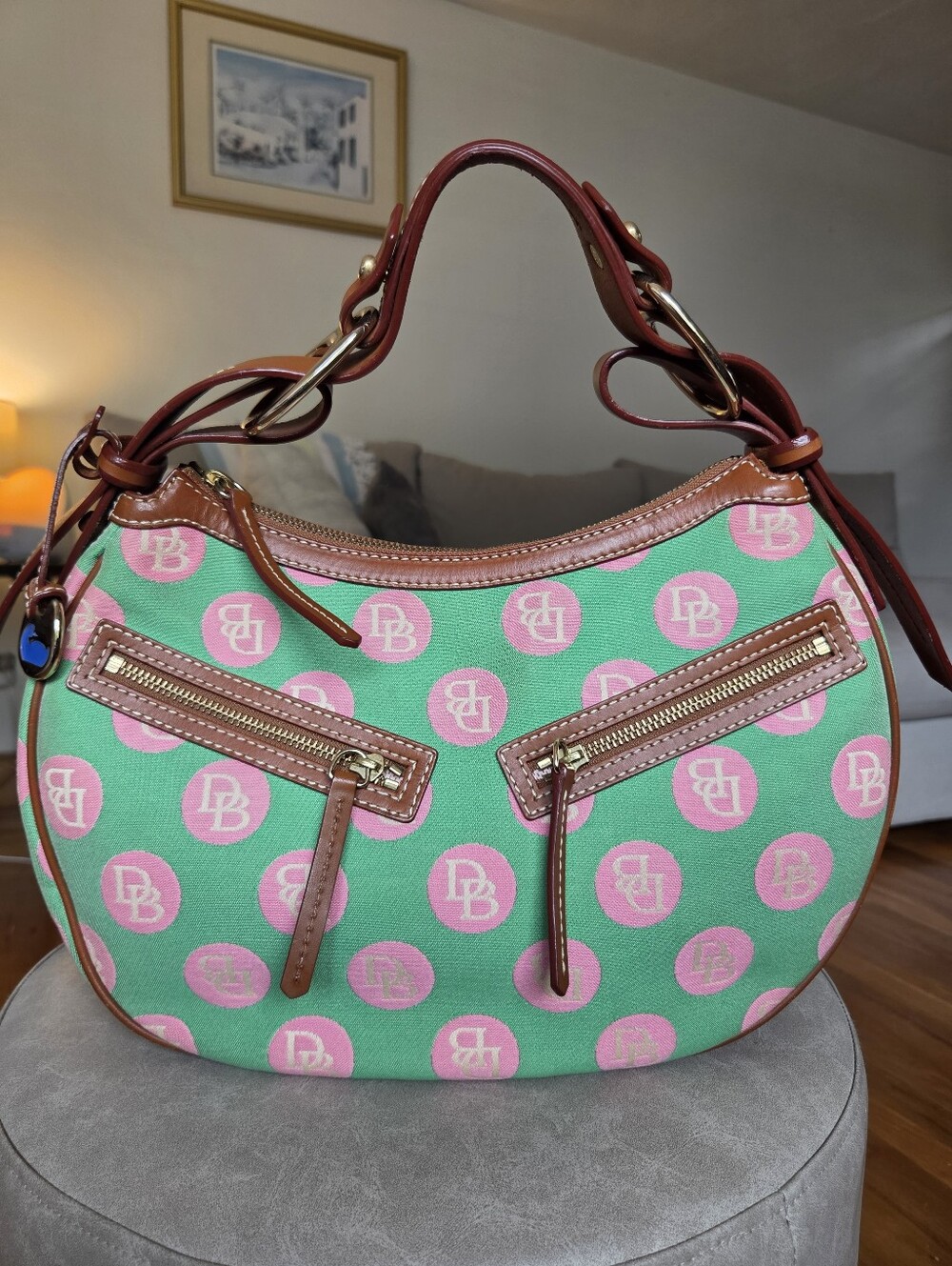 Dooney & Bourke Y2K Vintage Hobo Bag Monogram Polka Dot Pink Green Palm Beach